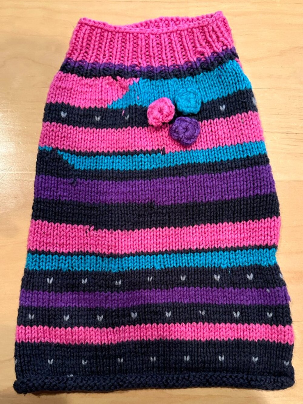 Knitted Striped Pullover Dog Sweater with Crocheted Flowers Size Large